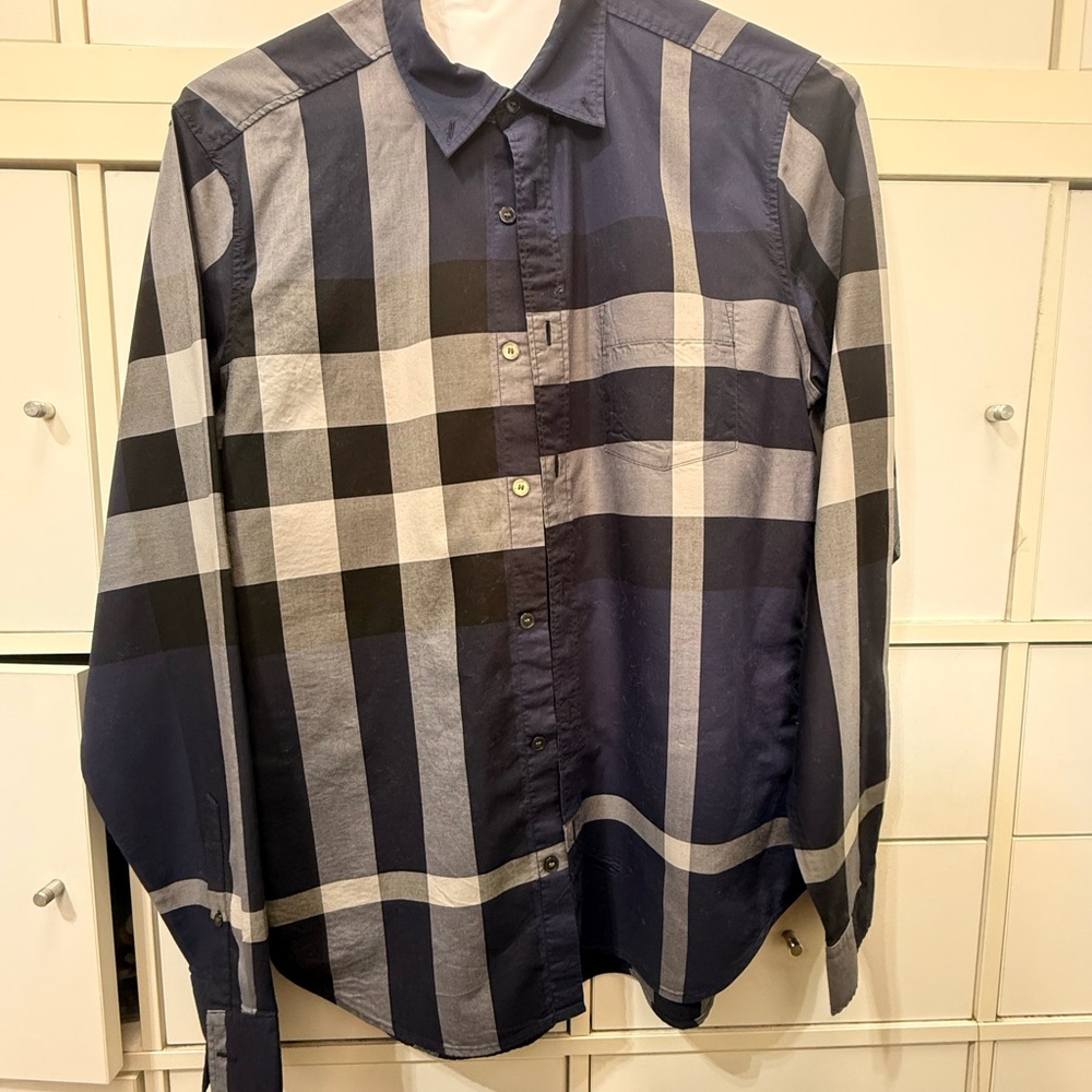 Burberry Navy and Gray Plaid Cotton Button-Down Shirt